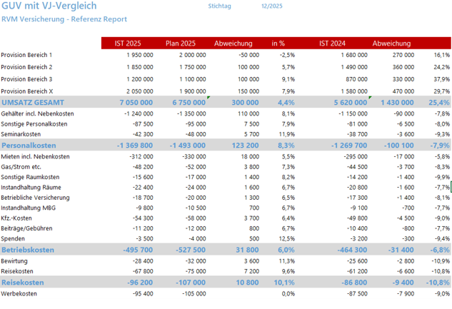 GuV Bericht mit dem BusinessPlanner Excel Addin mit Beispieldaten von consultnetwork